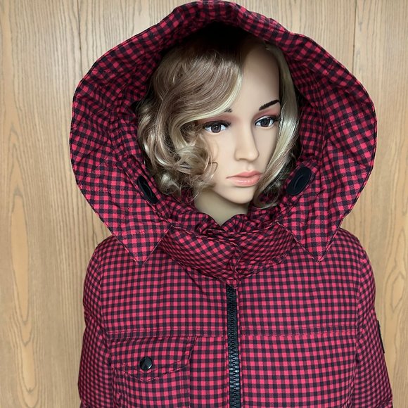 Women COACH Gingham Check Short Down Puffer Coat Jacket - Red/Black - Size Large - Picture 7 of 15